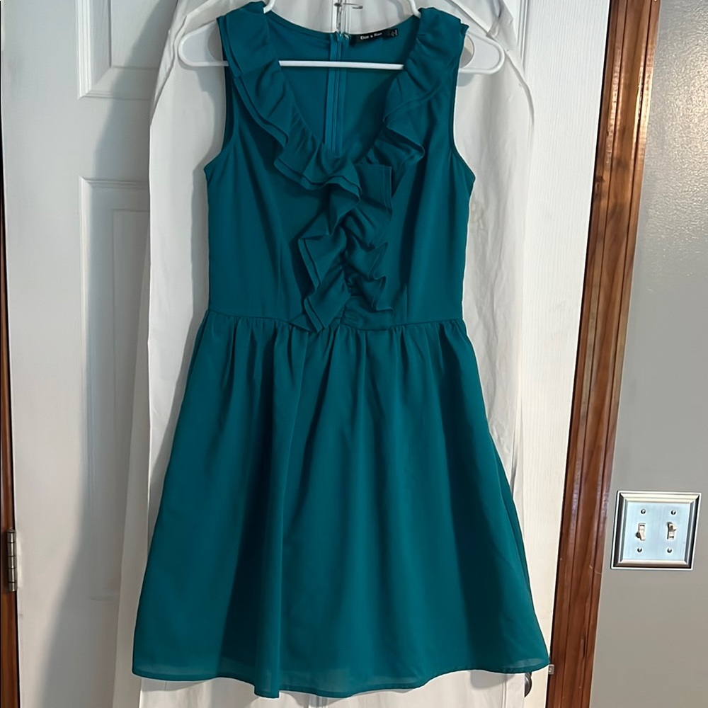 Doe & Rae Teal Ruched Ruffled Mini Dress